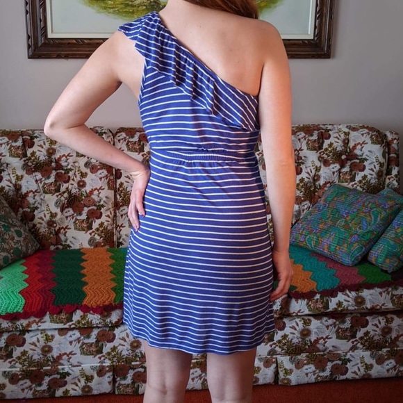 Blue and white striped one shoulder ruffle dress - Picture 6 of 6